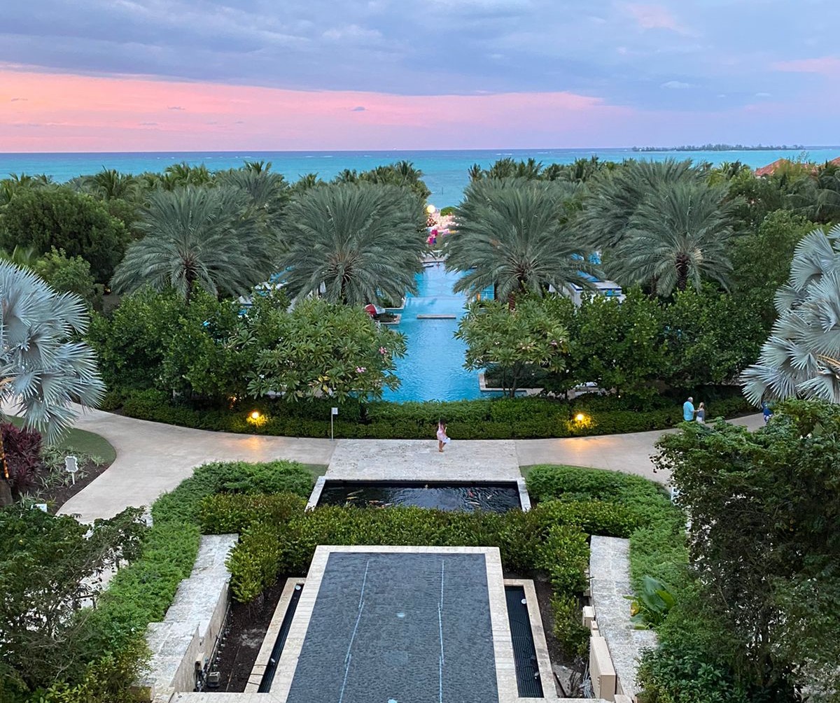 coqueiral com piscina no meio e mar ao fundo no pôr do sol